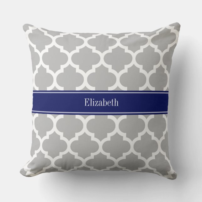 Grey White Moroccan #5 Navy Blue Name Monogram Throw Pillow (Front)