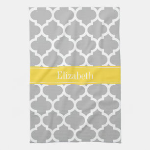 Grey White Moroccan #5 Pineapple Name Monogram Kitchen Towel