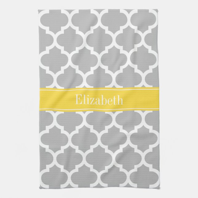 Grey White Moroccan #5 Pineapple Name Monogram Kitchen Towel (Vertical)