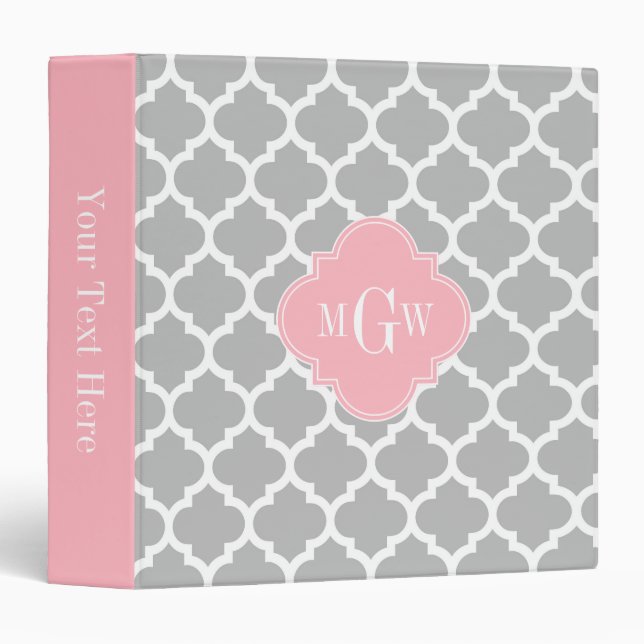 Grey White Moroccan #5 Pink 3 Initial Monogram Binder (Front/Spine)