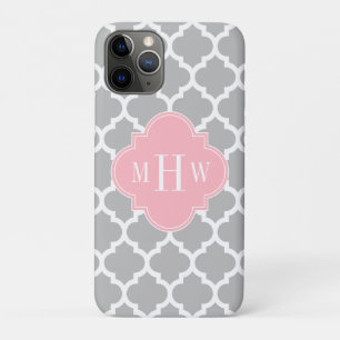 Grey White Moroccan #5 Pink 3 Initial Monogram iPhone 11 Pro Case