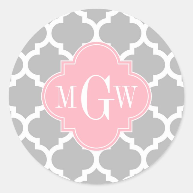 Grey White Moroccan #5 Pink 3 Initial Monogram Classic Round Sticker (Front)
