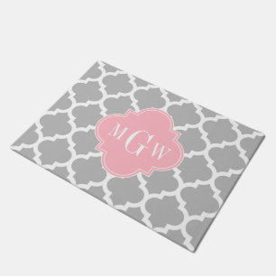 Grey White Moroccan #5 Pink 3 Initial Monogram Doormat