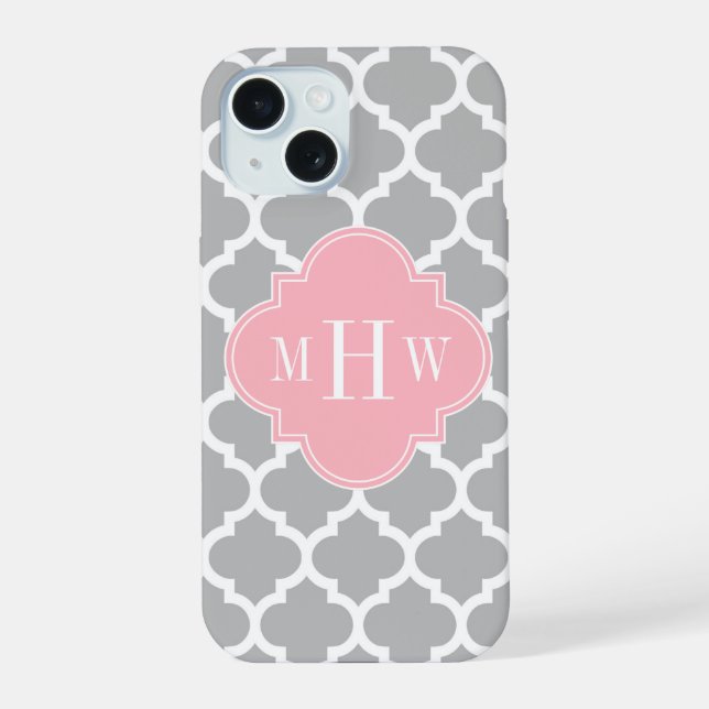 Grey White Moroccan #5 Pink 3 Initial Monogram iPhone 15 Case (Back)