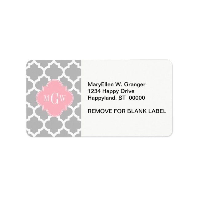 Grey White Moroccan #5 Pink 3 Initial Monogram Label (Front)