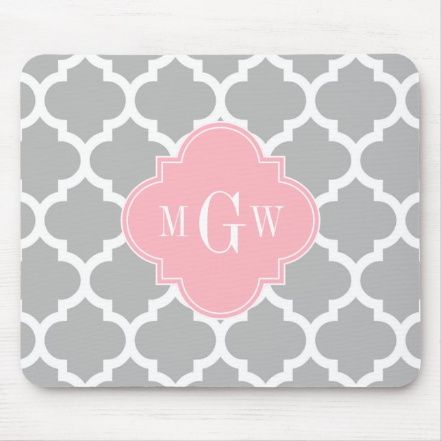 Grey White Moroccan #5 Pink 3 Initial Monogram Mouse Pad (Front)