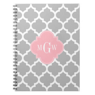 Grey White Moroccan #5 Pink 3 Initial Monogram Notebook