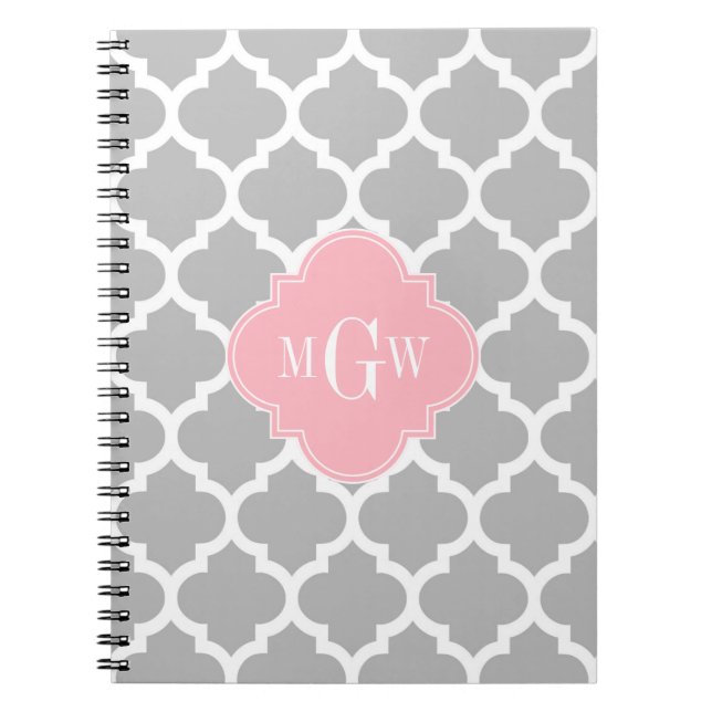 Grey White Moroccan #5 Pink 3 Initial Monogram Notebook (Front)