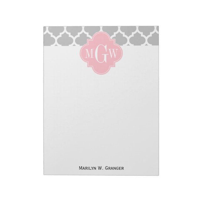 Grey White Moroccan #5 Pink 3 Initial Monogram Notepad (Rotated)