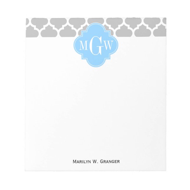 Grey White Moroccan #5 Sky Blue 3 Initial Monogram Notepad (Front)