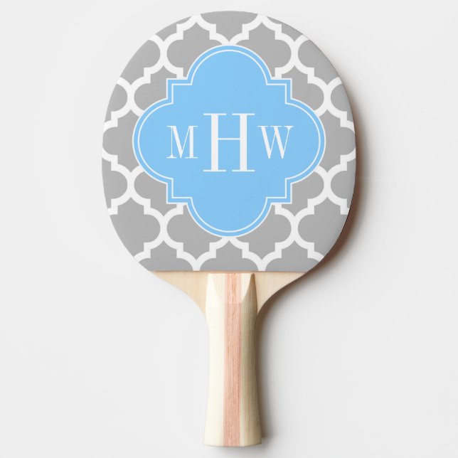 Grey White Moroccan #5 Sky Blue 3 Initial Monogram Ping Pong Paddle (Front)