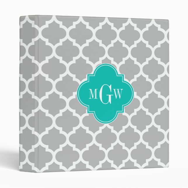 Grey White Moroccan #5 Teal 3 Initial Monogram Binder (Front/Spine)
