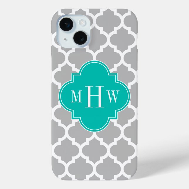 Grey White Moroccan #5 Teal 3 Initial Monogram Case-Mate iPhone Case (Back)