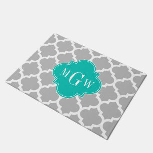 Grey White Moroccan #5 Teal 3 Initial Monogram Doormat