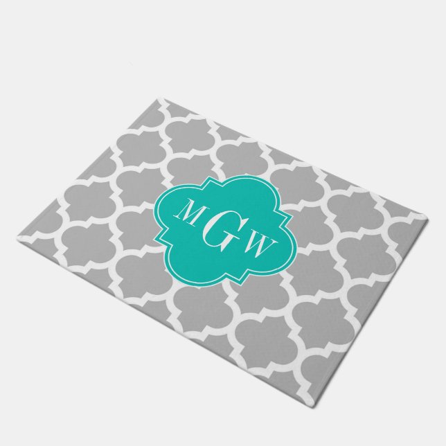 Grey White Moroccan #5 Teal 3 Initial Monogram Doormat (Angled)