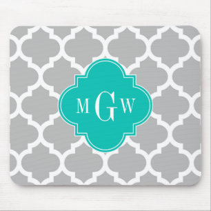 Grey White Moroccan #5 Teal 3 Initial Monogram Mouse Pad