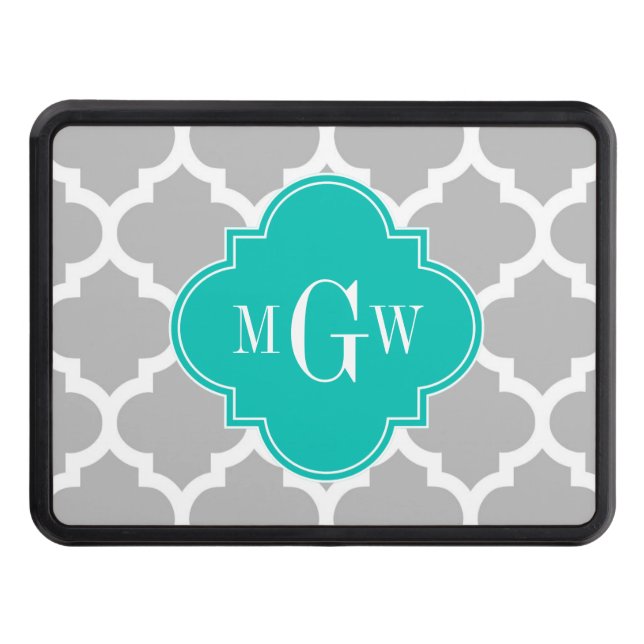 Grey White Moroccan #5 Teal 3 Initial Monogram Trailer Hitch Cover (Front)