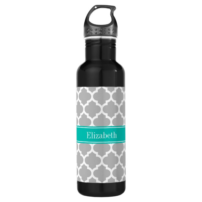 Grey White Moroccan #5 Teal Name Monogram 710 Ml Water Bottle (Front)
