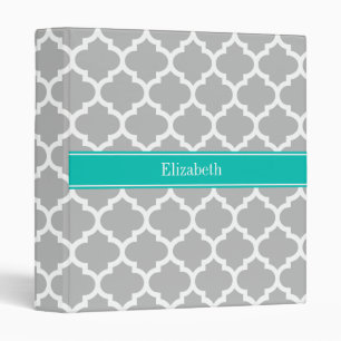 Grey White Moroccan #5 Teal Name Monogram Binder