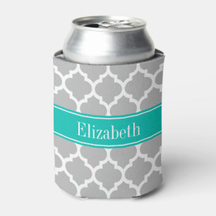 Grey White Moroccan #5 Teal Name Monogram Can Cooler