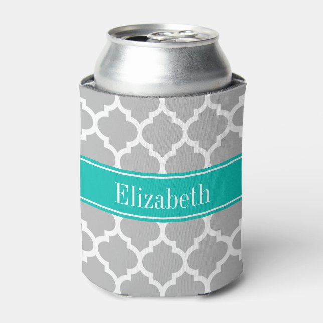 Grey White Moroccan #5 Teal Name Monogram Can Cooler (Can Front)