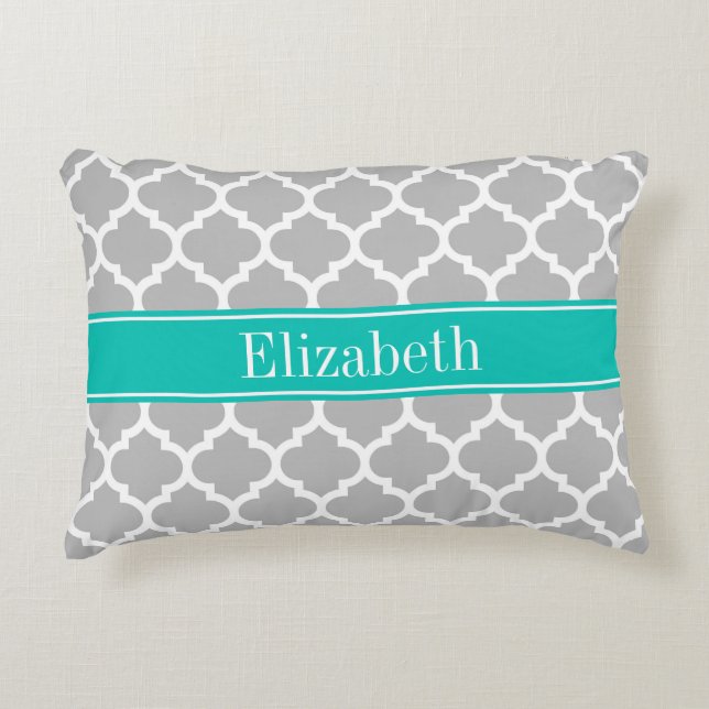 Grey White Moroccan #5 Teal Name Monogram Decorative Pillow (Front)