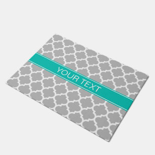 Grey White Moroccan #5 Teal Name Monogram Doormat
