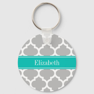 Grey White Moroccan #5 Teal Name Monogram Keychain