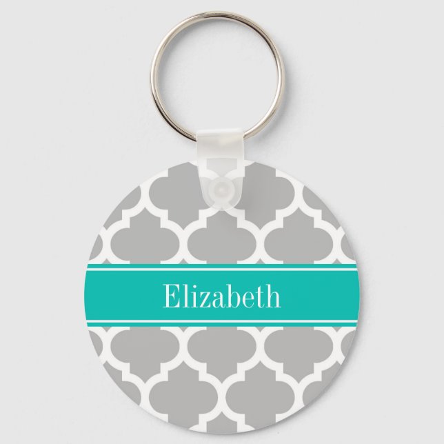 Grey White Moroccan #5 Teal Name Monogram Keychain (Front)