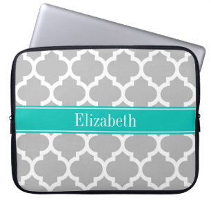 Grey White Moroccan #5 Teal Name Monogram Laptop Sleeve