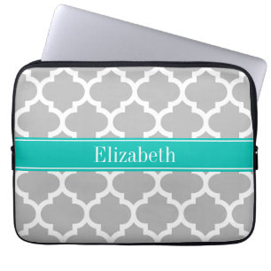 Grey White Moroccan #5 Teal Name Monogram Laptop Sleeve