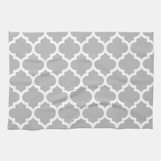 Grey White Moroccan Quatrefoil Pattern #5 Kitchen Towel (Horizontal)