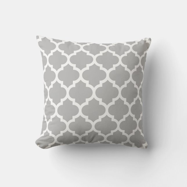 Grey White Moroccan Quatrefoil Pattern #5 Throw Pillow (Front)