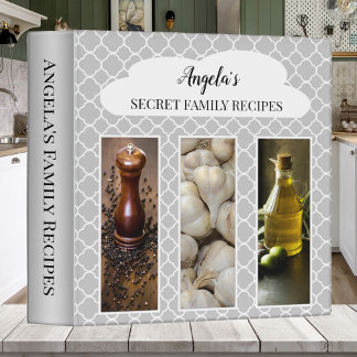 Grey White Moroccan Quatrefoil Recipe Binder