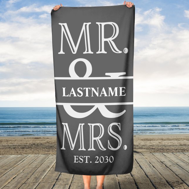 Grey White Mr. and Mrs. Wedding Personalized Beach Towel (Creator Uploaded)