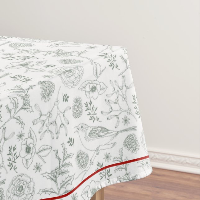 Grey/White Natural Christmas & Cardinal Red Border Tablecloth (In Situ)