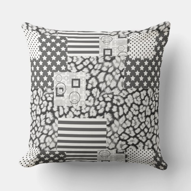 Grey White Patchwork Rustic Patches Throw Pillow (Front)
