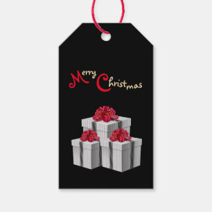 Grey White Pinstripe Presents Red Bow on Black Gift Tags