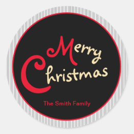 Grey White Pinstripe Red Bow on Black Classic Round Sticker