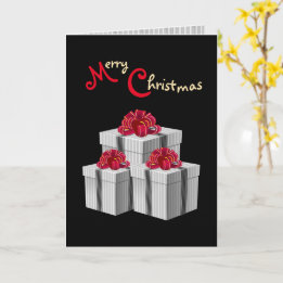 Grey White Pinstripe Red Bow Presents on Black Card