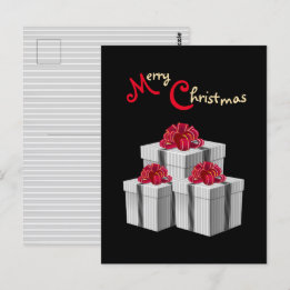 Grey White Pinstripe Red Bow Presents on Black Postcard
