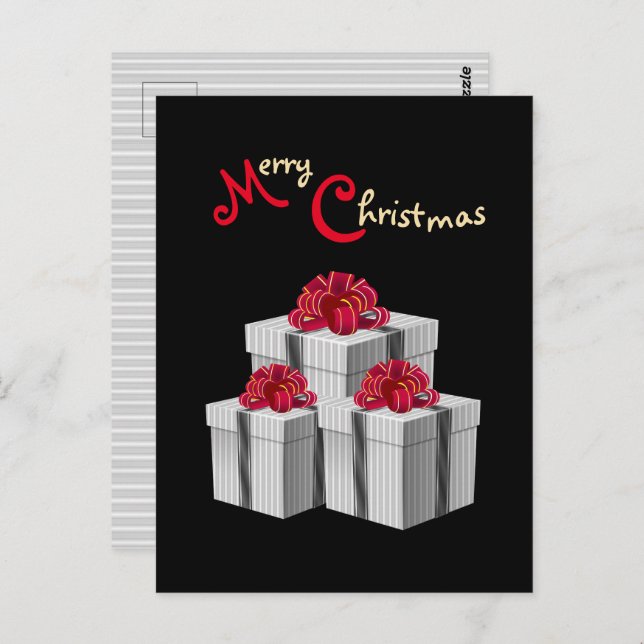 Grey White Pinstripe Red Bow Presents on Black Postcard (Front/Back)