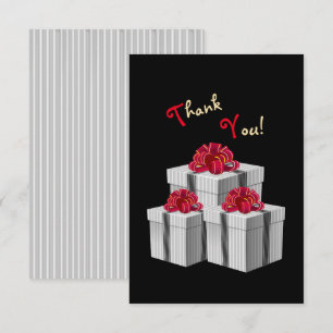 Grey White Pinstripe Red Bow Presents on Black Thank You Card