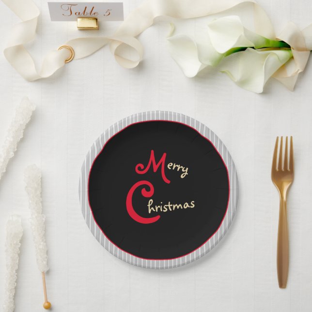 Grey White Pinstripes Black with Red Bow Paper Plate (Wedding)