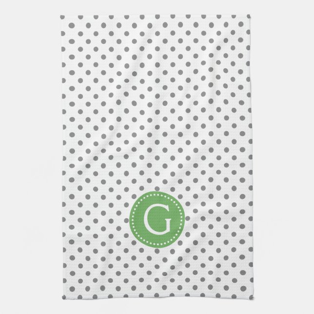 Grey & White Polka Dots Green Accent Kitchen Towel (Vertical)