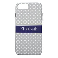 Grey White Polka Dots Navy Blue Name Monogram