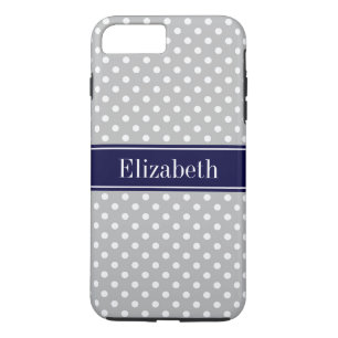 Grey White Polka Dots Navy Blue Name Monogram Case-Mate iPhone Case