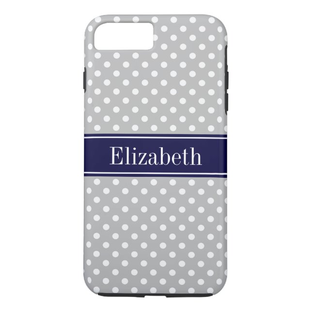 Grey White Polka Dots Navy Blue Name Monogram Case-Mate iPhone Case (Back)