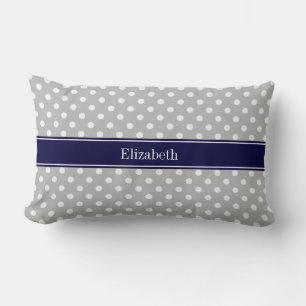 Grey White Polka Dots Navy Blue Name Monogram Lumbar Pillow