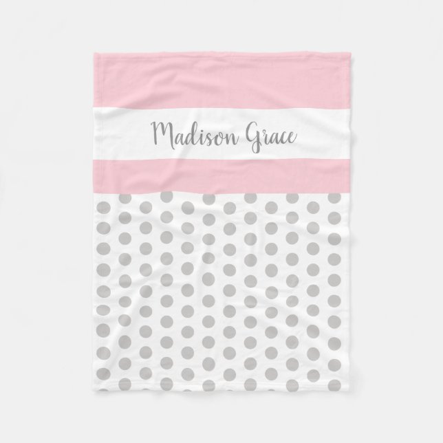 grey/white polka dots w pink/white; personalized fleece blanket (Front)